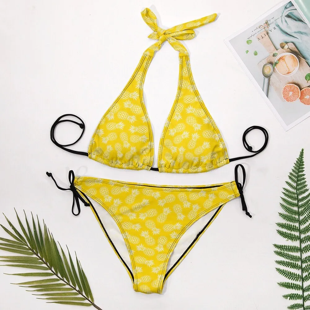 Pineapple Bikini, Neon Yellow Bikini Women, Halter Yellow Bikini Set, Pineapple print Bikini, Tropical Print Bikini, Halter Bikini Set