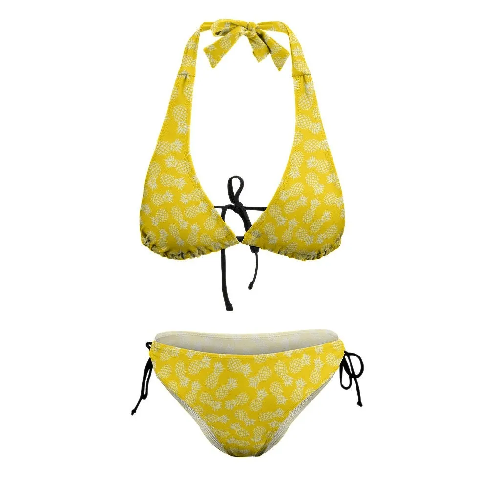Pineapple Bikini, Neon Yellow Bikini Women, Halter Yellow Bikini Set, Pineapple print Bikini, Tropical Print Bikini, Halter Bikini Set