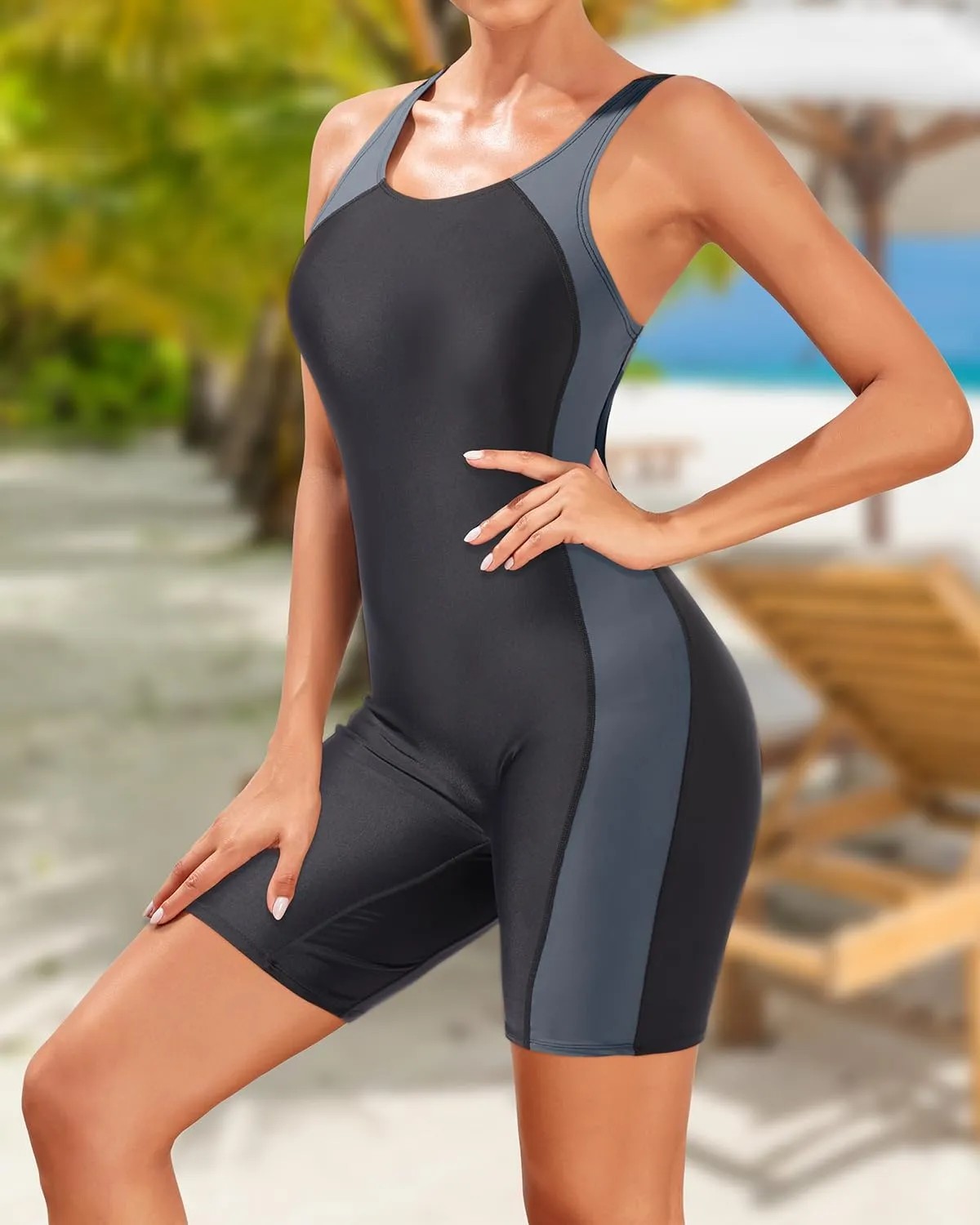 Pinup Fashion Women Boyleg One Piece Swimsuit Shorts Athletic Unitard Bathing Suit Racerback Modest Swimwear
