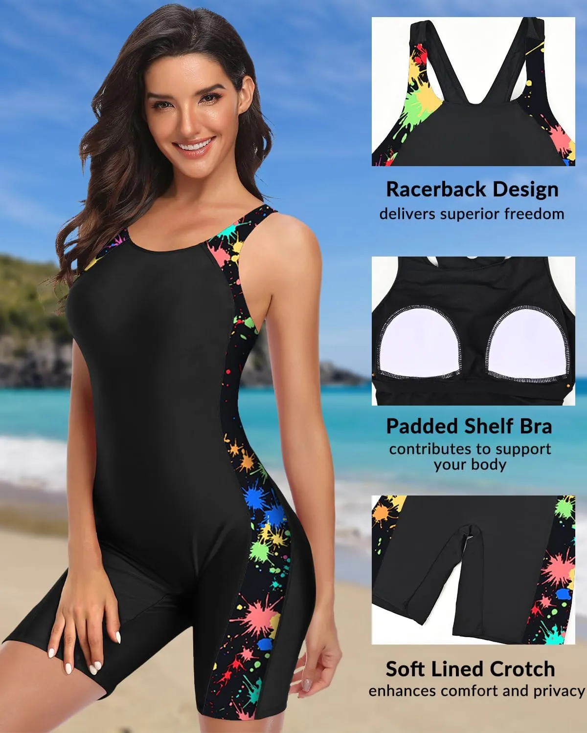 Pinup Fashion Women Boyleg One Piece Swimsuit Shorts Athletic Unitard Bathing Suit Racerback Modest Swimwear