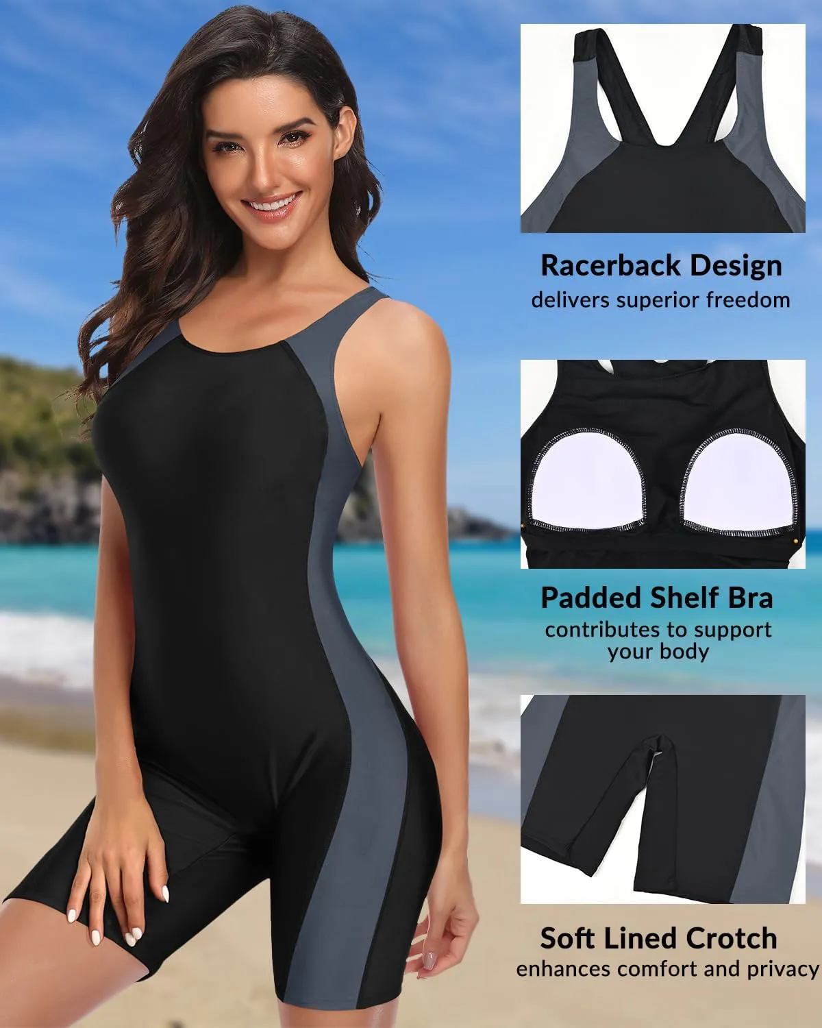 Pinup Fashion Women Boyleg One Piece Swimsuit Shorts Athletic Unitard Bathing Suit Racerback Modest Swimwear
