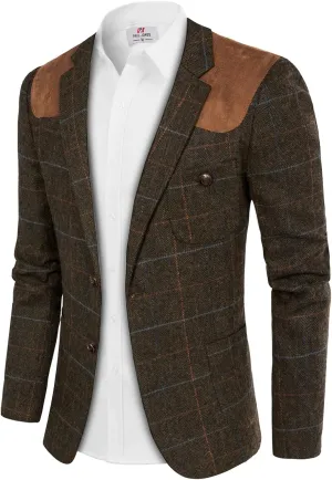PJ PAUL JONES Men's Blazer Herringbone Tweed Sport Coats Two Button Wool Blend Formal Jacket