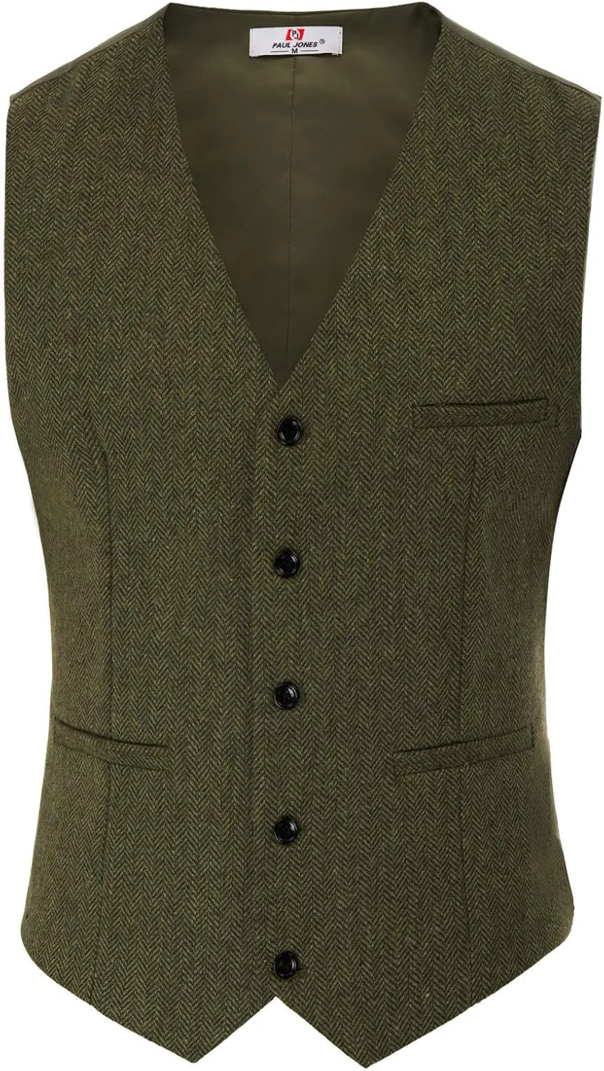 PJ PAUL JONES Men's Herringbone Tweed Suit Vest Casual Wool Blend Waistcoat
