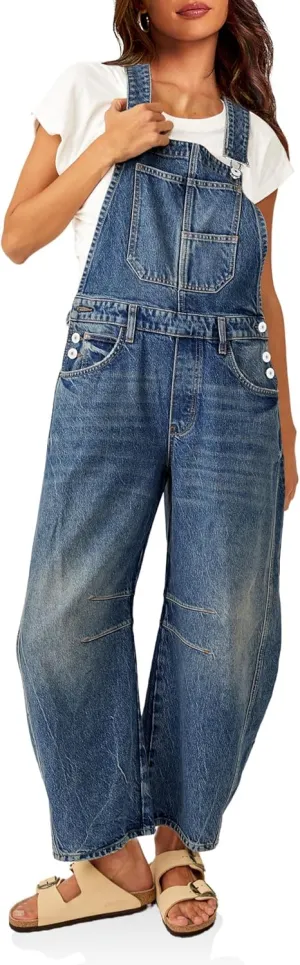 PLNOTME Womens Denim Bib Overalls Barrel Leg Adjustable Strap Jean Pants Jumpsuits with Pockets