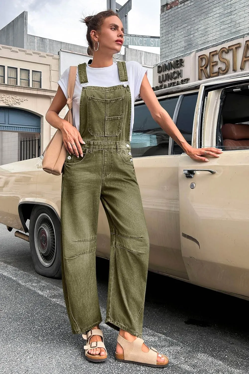 PLNOTME Womens Denim Bib Overalls Barrel Leg Adjustable Strap Jean Pants Jumpsuits with Pockets