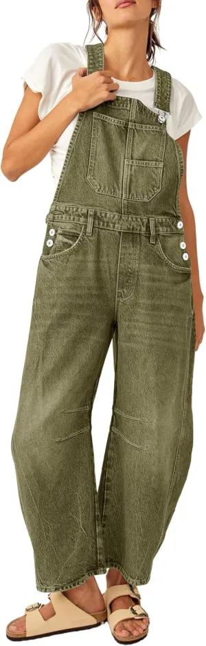 PLNOTME Womens Denim Bib Overalls Barrel Leg Adjustable Strap Jean Pants Jumpsuits with Pockets