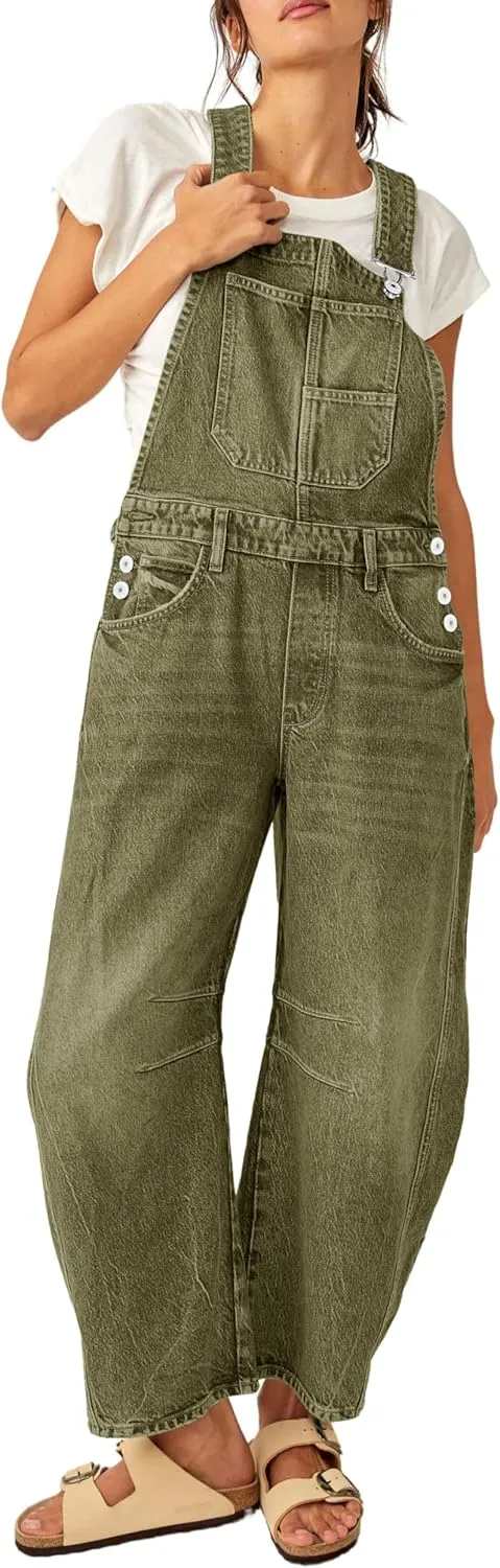 PLNOTME Womens Denim Bib Overalls Barrel Leg Adjustable Strap Jean Pants Jumpsuits with Pockets