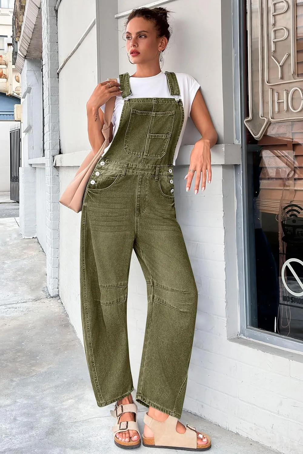 PLNOTME Womens Denim Bib Overalls Barrel Leg Adjustable Strap Jean Pants Jumpsuits with Pockets