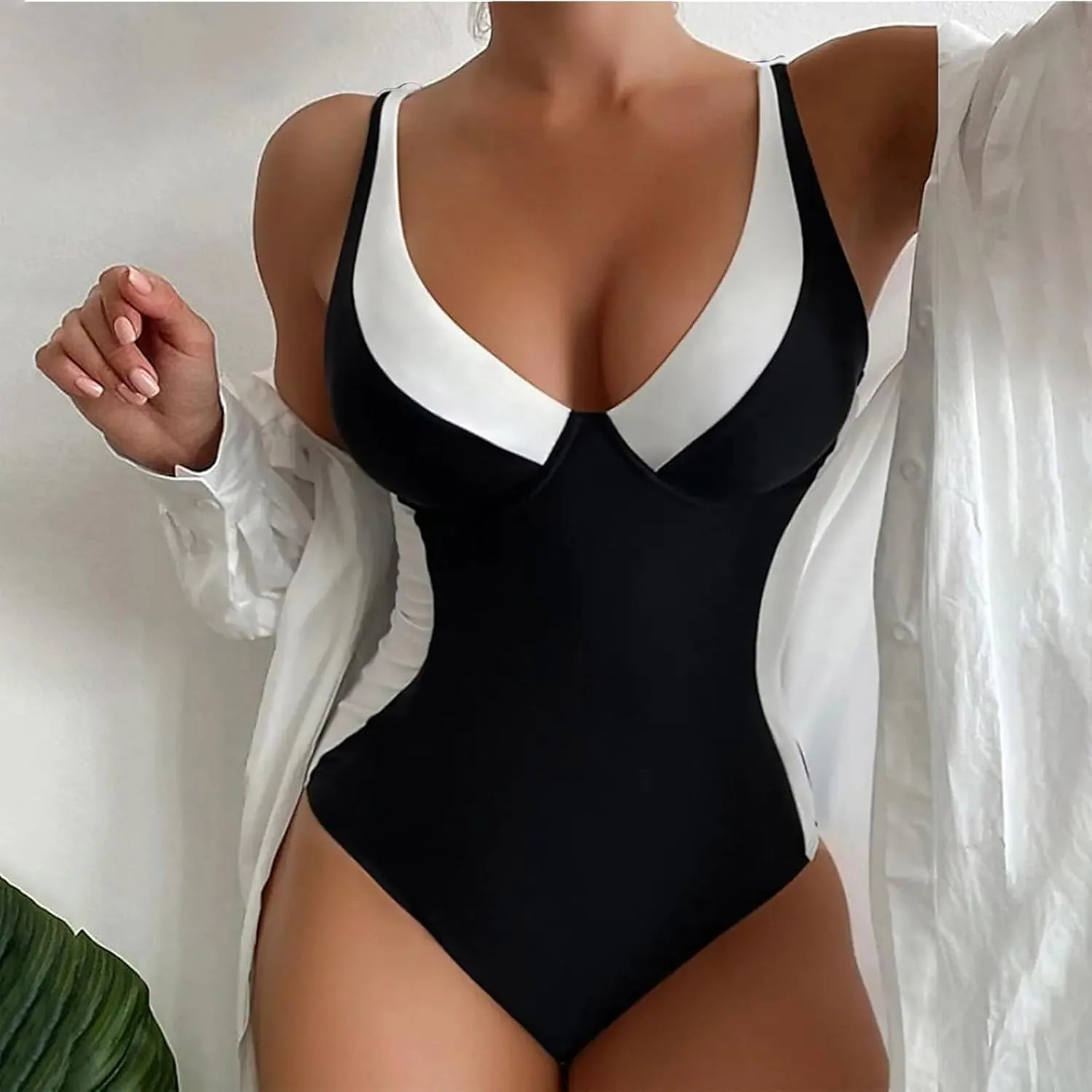 Plunge Swimsuit One-Piece Women's Tummy Control Monokini Summer Beach Swimming Bodysuit Bathing Suit Monokini