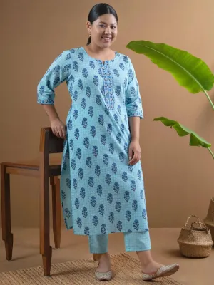 Plus Size Blue Printed Cotton Straight Kurta With Trousers