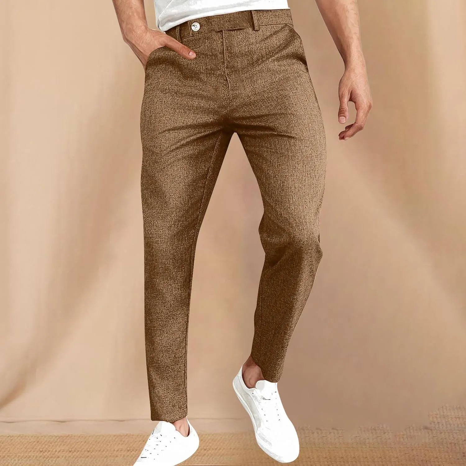 Plus Size Cotton Linen Pants Men's High Waist Tapered Leg Trousers with Pockets Casual Vintage Fashion Regular Pant