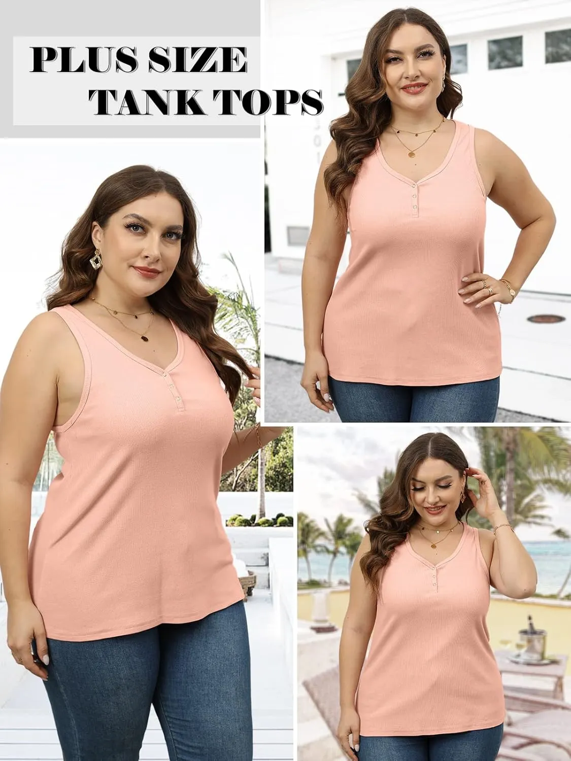Plus Size V Neck Tank Tops for Women Summer Short Sleeve/Sleeveless Ribbed Button T-Shirts Tops Casual Henley Shirts