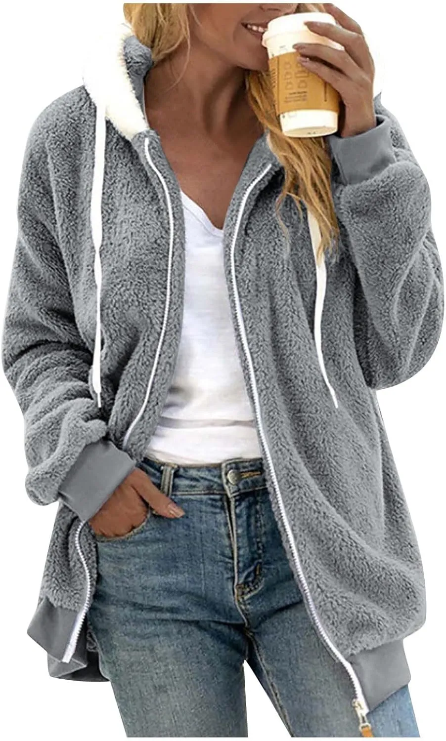 Plus Size Winter Coats for Women Drawstring Fuzzy Fleece Zip Up Hoodie Jacket Color Block Long Faux Fur Coat with Pocket
