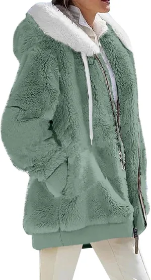 Plus Size Winter Coats for Women Drawstring Fuzzy Fleece Zip Up Hoodie Jacket Color Block Long Faux Fur Coat with Pocket