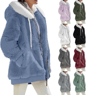 Plus Size Winter Coats for Women Drawstring Fuzzy Fleece Zip Up Hoodie Jacket Color Block Long Faux Fur Coat with Pocket