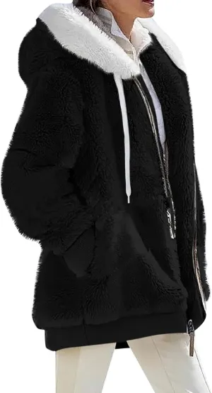 Plus Size Winter Coats for Women Drawstring Fuzzy Fleece Zip Up Hoodie Jacket Color Block Long Faux Fur Coat with Pocket