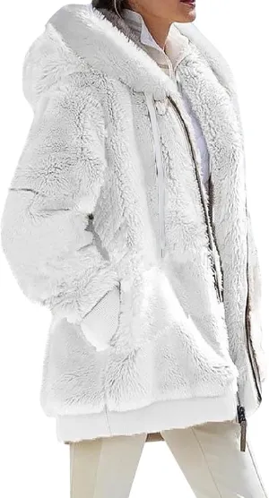 Plus Size Winter Coats for Women Drawstring Fuzzy Fleece Zip Up Hoodie Jacket Color Block Long Faux Fur Coat with Pocket