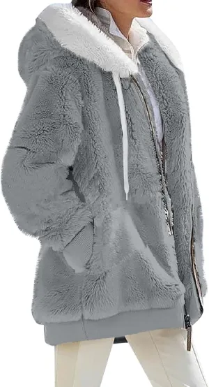 Plus Size Winter Coats for Women Drawstring Fuzzy Fleece Zip Up Hoodie Jacket Color Block Long Faux Fur Coat with Pocket