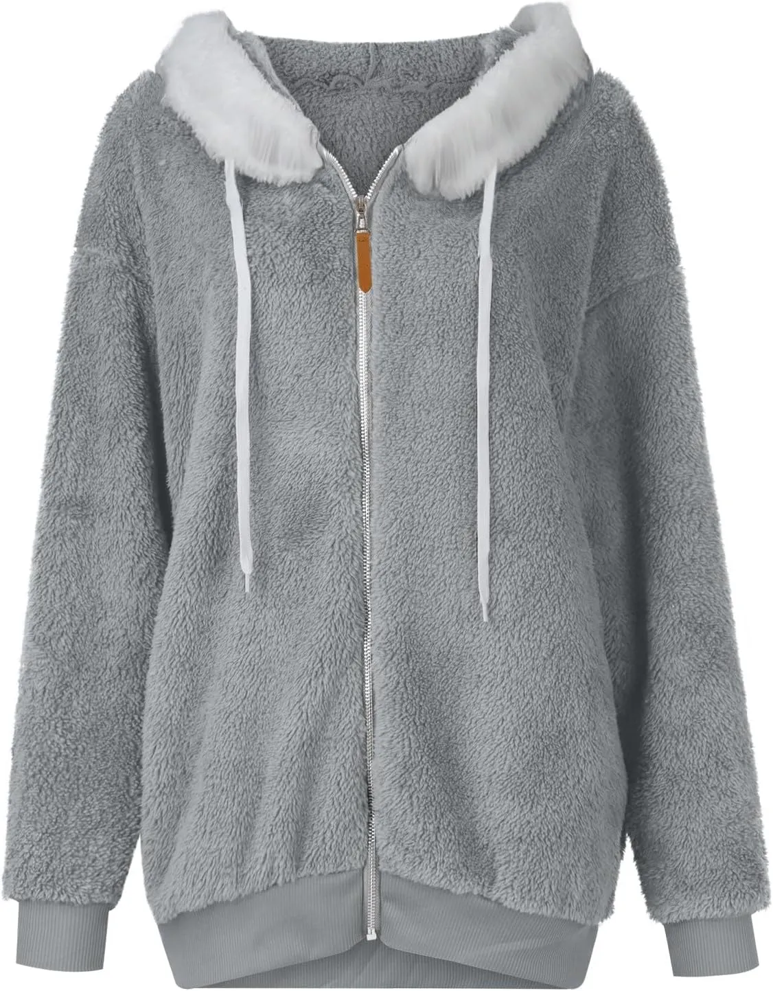 Plus Size Winter Coats for Women Drawstring Fuzzy Fleece Zip Up Hoodie Jacket Color Block Long Faux Fur Coat with Pocket