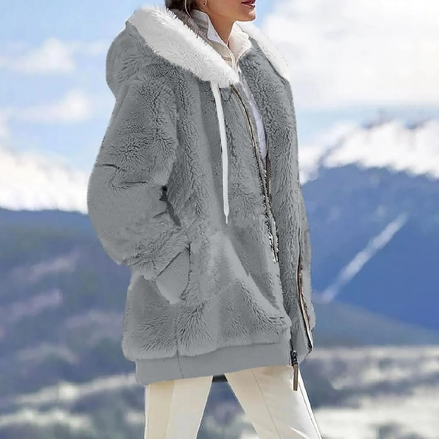 Plus Size Winter Coats for Women Drawstring Fuzzy Fleece Zip Up Hoodie Jacket Color Block Long Faux Fur Coat with Pocket