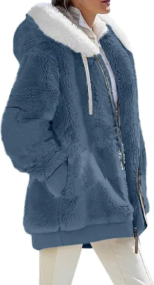 Plus Size Winter Coats for Women Fuzzy Fleece Zip Up Hoodie Jacket Drawstring Color Block Faux Fur Coat with Pocket