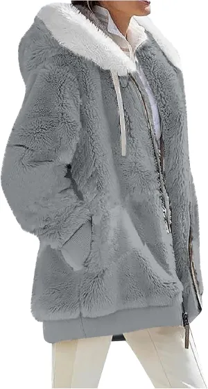 Plus Size Winter Coats for Women Fuzzy Fleece Zip Up Hoodie Jacket Drawstring Color Block Faux Fur Coat with Pocket