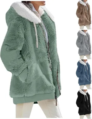 Plus Size Winter Coats for Women Fuzzy Fleece Zip Up Hoodie Jacket Drawstring Color Block Faux Fur Coat with Pocket