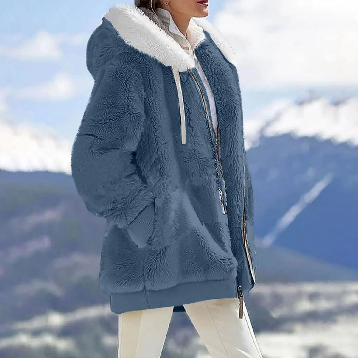 Plus Size Winter Coats for Women Fuzzy Fleece Zip Up Hoodie Jacket Drawstring Color Block Faux Fur Coat with Pocket