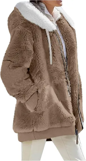 Plus Size Winter Coats for Women Fuzzy Fleece Zip Up Hoodie Jacket Drawstring Color Block Faux Fur Coat with Pocket