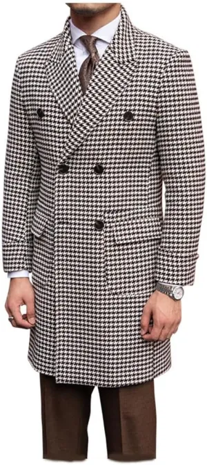 Premium Mens Houndstooth Coat Winter Trench Coats Wool Blend Mid-long Warm Pea coat