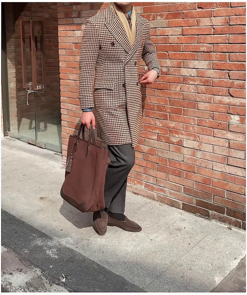 Premium Mens Houndstooth Coat Winter Trench Coats Wool Blend Mid-long Warm Pea coat