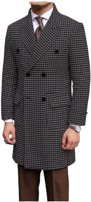 Premium Mens Houndstooth Coat Winter Trench Coats Wool Blend Mid-long Warm Pea coat