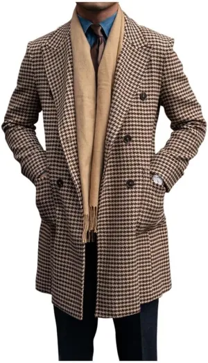Premium Mens Houndstooth Coat Winter Trench Coats Wool Blend Mid-long Warm Pea coat