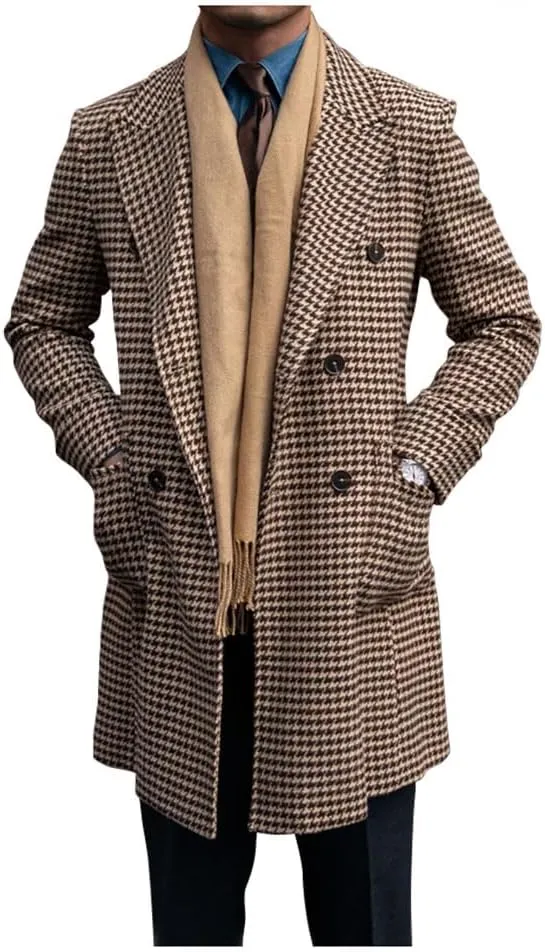 Premium Mens Houndstooth Coat Winter Trench Coats Wool Blend Mid-long Warm Pea coat