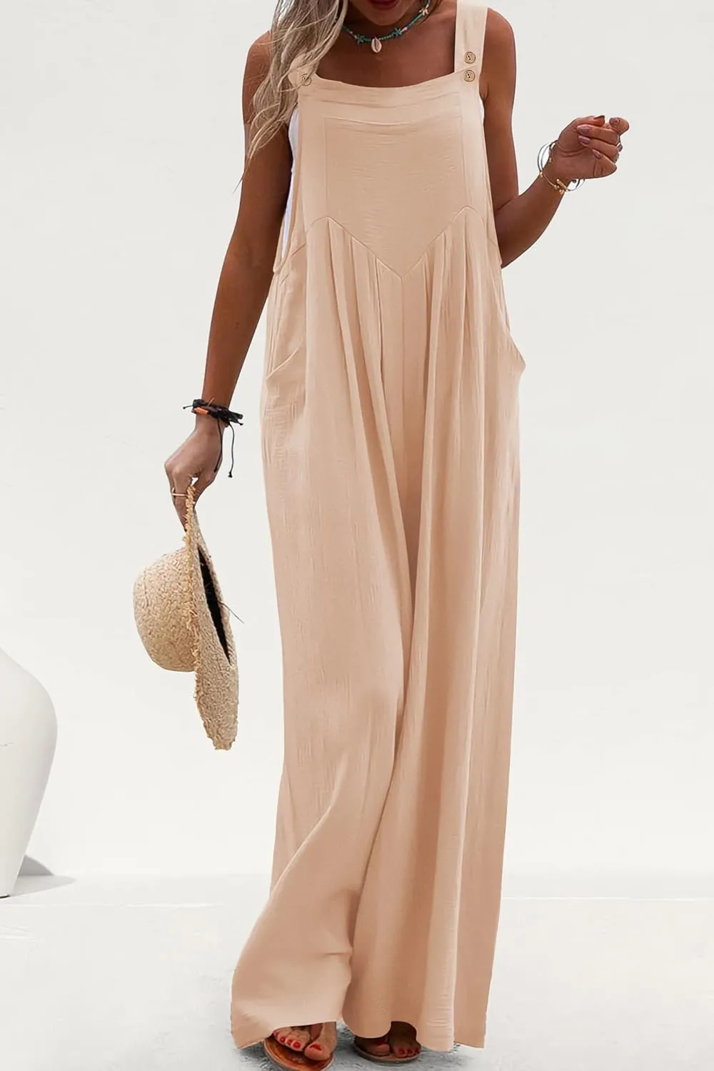PRETTYGARDEN Women's Bib Overalls Casual Summer Sleeveless Strap Loose Wide Leg Jumpsuits with Pockets