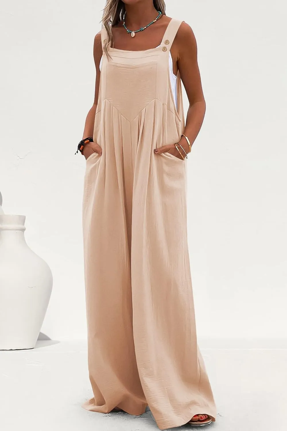 PRETTYGARDEN Women's Bib Overalls Casual Summer Sleeveless Strap Loose Wide Leg Jumpsuits with Pockets