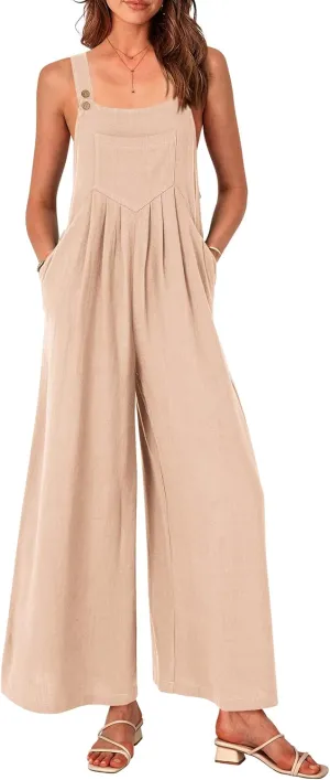 PRETTYGARDEN Women's Bib Overalls Casual Summer Sleeveless Strap Loose Wide Leg Jumpsuits with Pockets