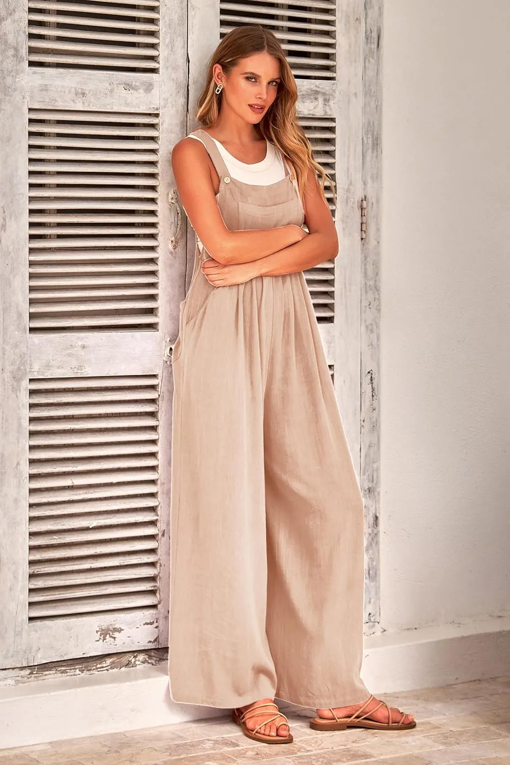 PRETTYGARDEN Women's Bib Overalls Casual Summer Sleeveless Strap Loose Wide Leg Jumpsuits with Pockets