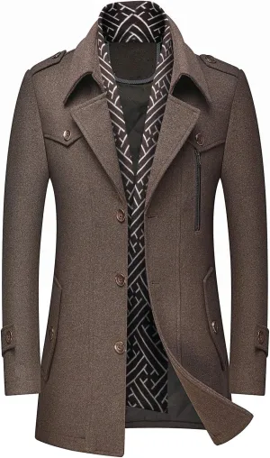 PRIJOUHE Men's Wool Blend Jacket Single Breasted Slim Fit Thick Winter Windproof Pea Coat with Removable Scarf