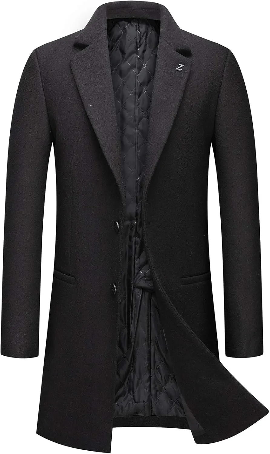 PRIJOUHE Men's Wool Trench Coat Single Breasted Slim Fit Mid-Length Notched Collar Winter Overcoat Quilted Pea Coats
