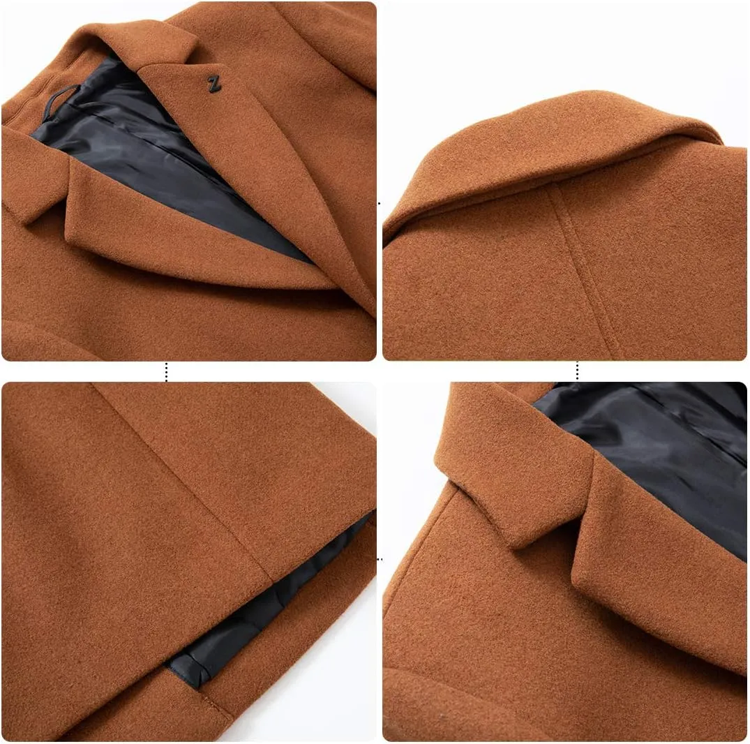 PRIJOUHE Men's Wool Trench Coat Single Breasted Slim Fit Mid-Length Notched Collar Winter Overcoat Quilted Pea Coats