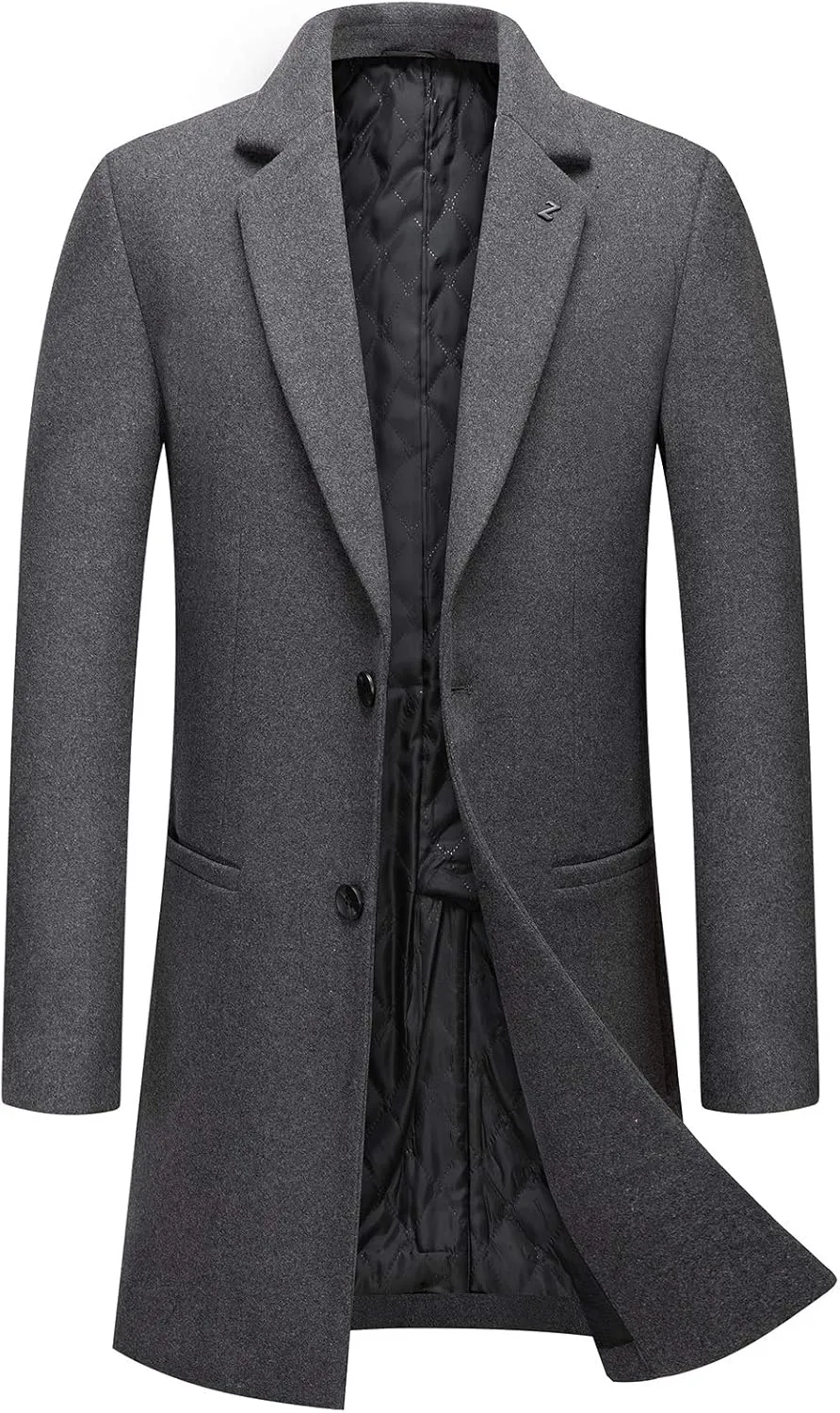PRIJOUHE Men's Wool Trench Coat Single Breasted Slim Fit Mid-Length Notched Collar Winter Overcoat Quilted Pea Coats