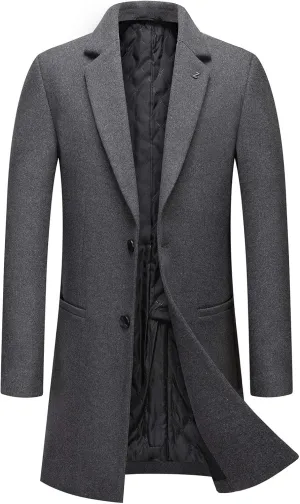 PRIJOUHE Men's Wool Trench Coat Single Breasted Slim Fit Mid-Length Notched Collar Winter Overcoat Quilted Pea Coats