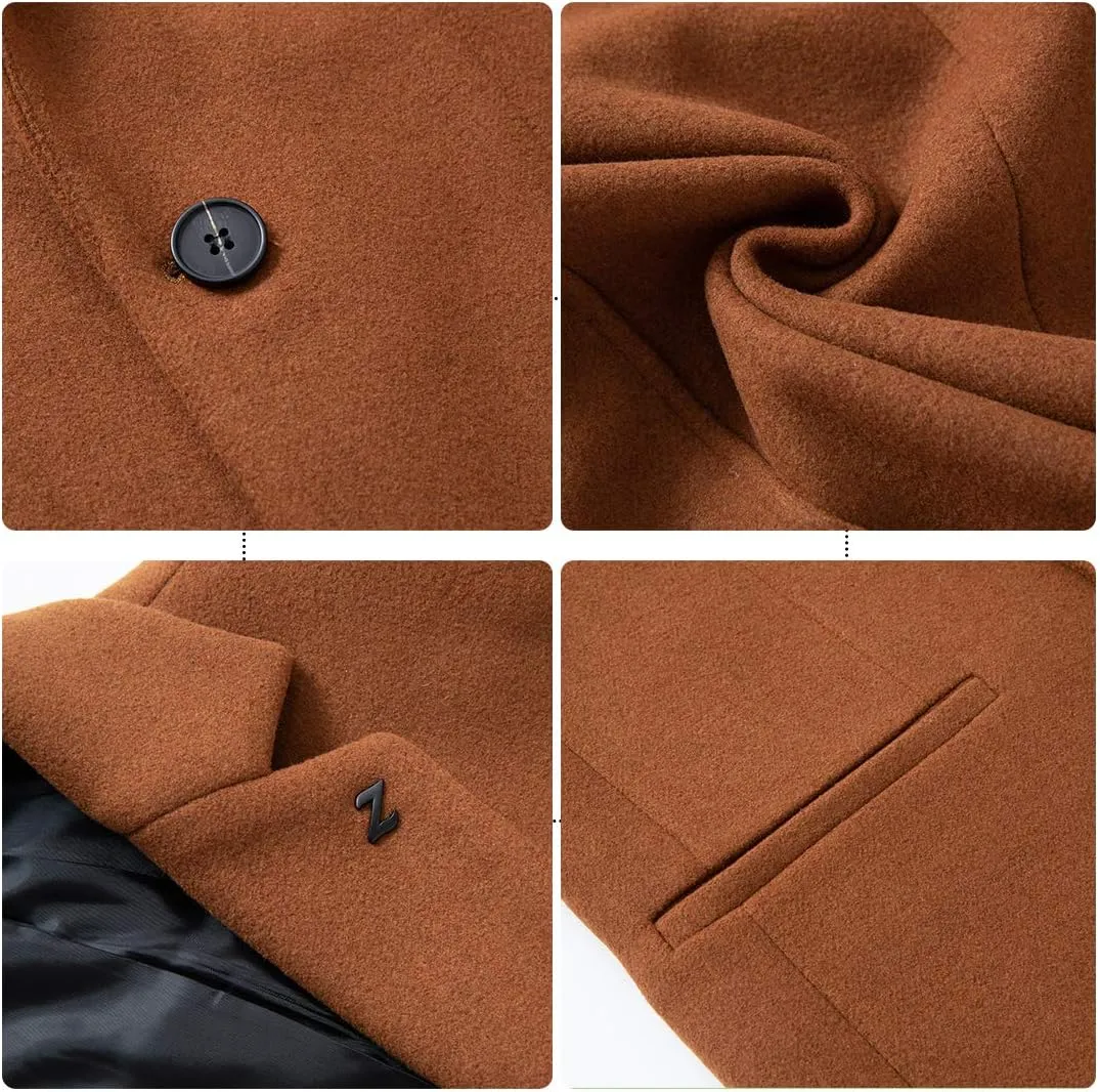 PRIJOUHE Men's Wool Trench Coat Single Breasted Slim Fit Mid-Length Notched Collar Winter Overcoat Quilted Pea Coats