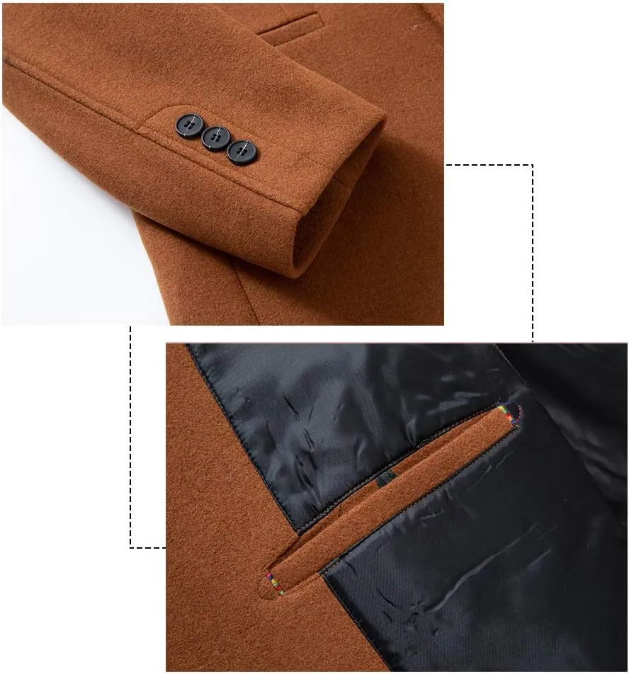 PRIJOUHE Men's Wool Trench Coat Single Breasted Slim Fit Mid-Length Notched Collar Winter Overcoat Quilted Pea Coats