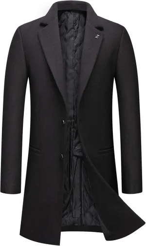 PRIJOUHE Men's Wool Trench Coat Single Breasted Slim Fit Mid-Length Notched Collar Winter Overcoat Quilted Pea Coats