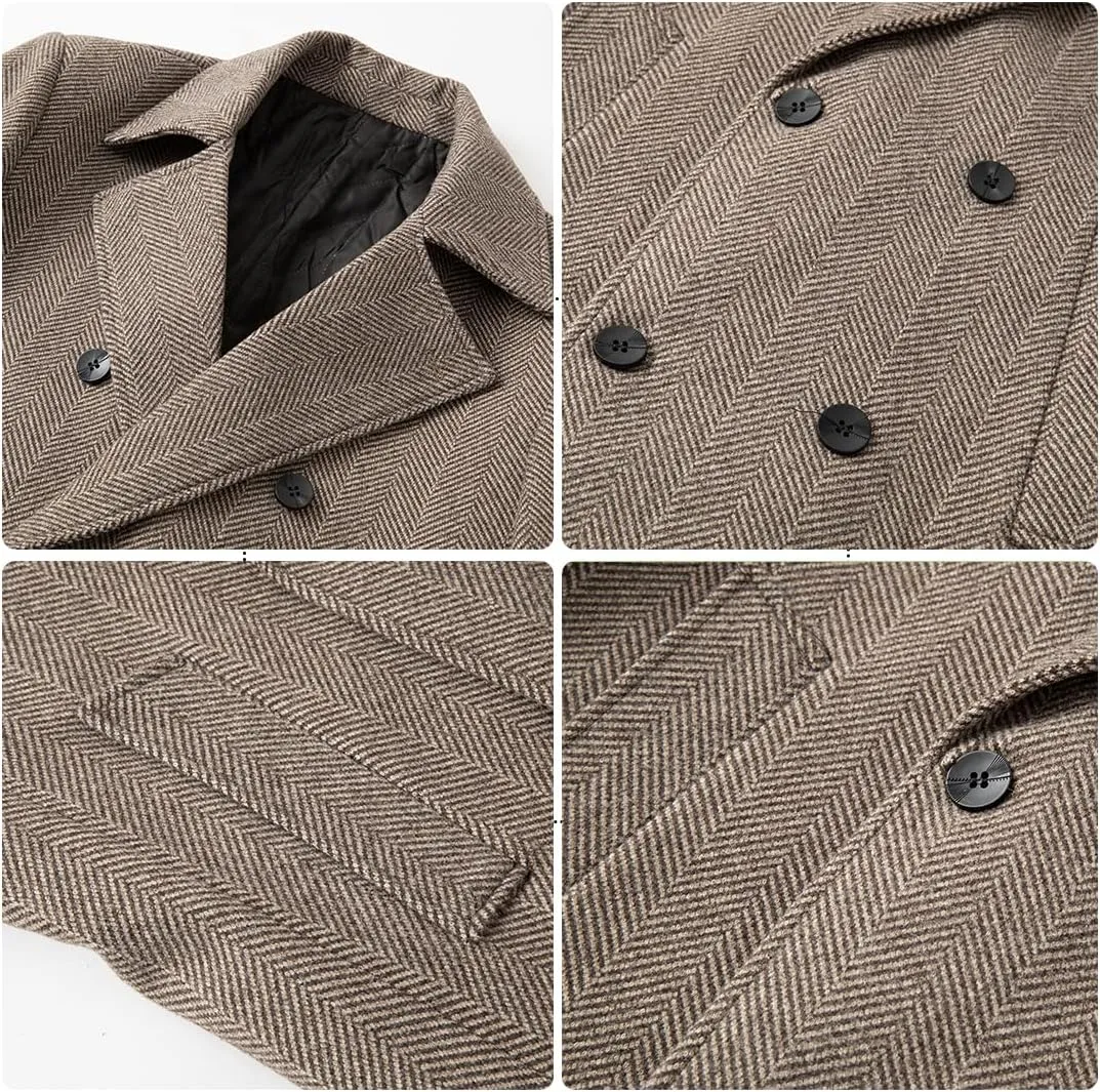 PRIJOUHE Mens Woolen Trench Coat Pea Coat Double Breasted Regular Fit Wool Blend coat Business Overcoat