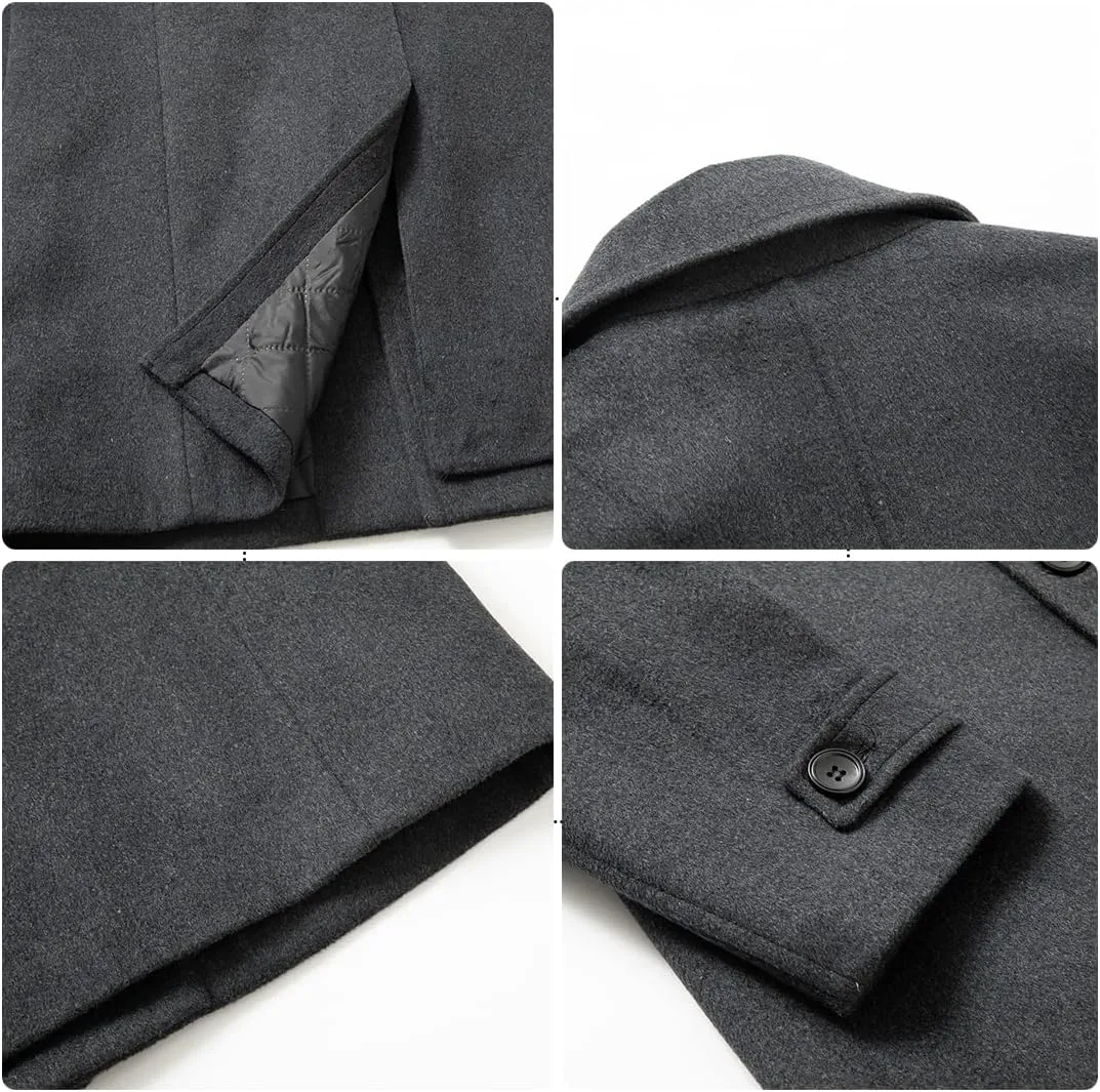 PRIJOUHE Mens Woolen Trench Coat Pea Coat Double Breasted Regular Fit Wool Blend coat Business Overcoat