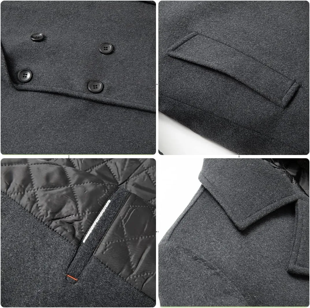 PRIJOUHE Mens Woolen Trench Coat Pea Coat Double Breasted Regular Fit Wool Blend coat Business Overcoat