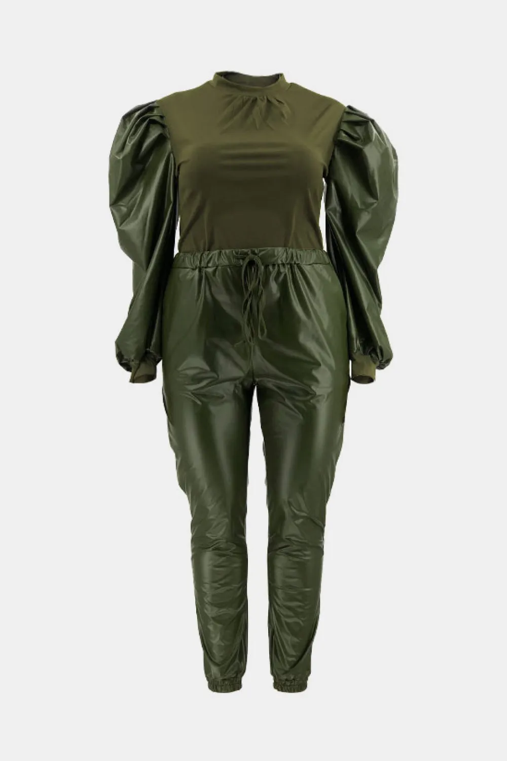 Puff Sleeve Spliced Top and Drawstring Waist Joggers Set